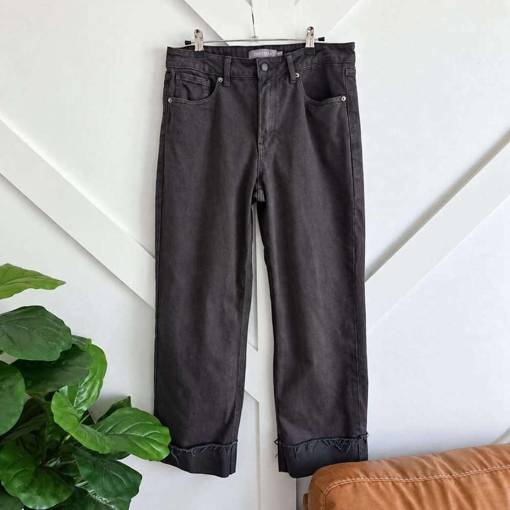 JUST USA Straight Leg Pants Women 30/10 Dark Grey Raw Hem Stretch Denim
